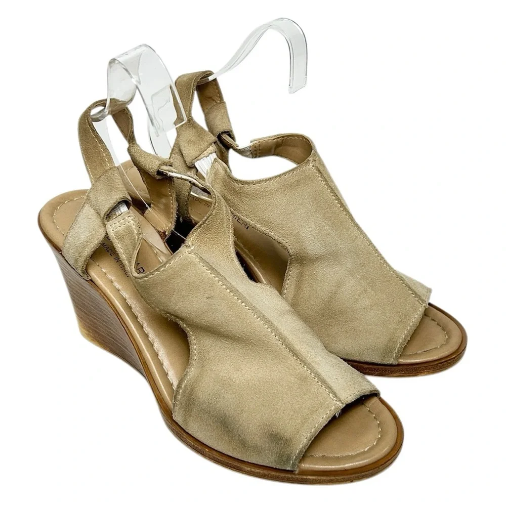 Barbara Barbiere Wedge Brown Tan Suede with Strap Sandals Size 8